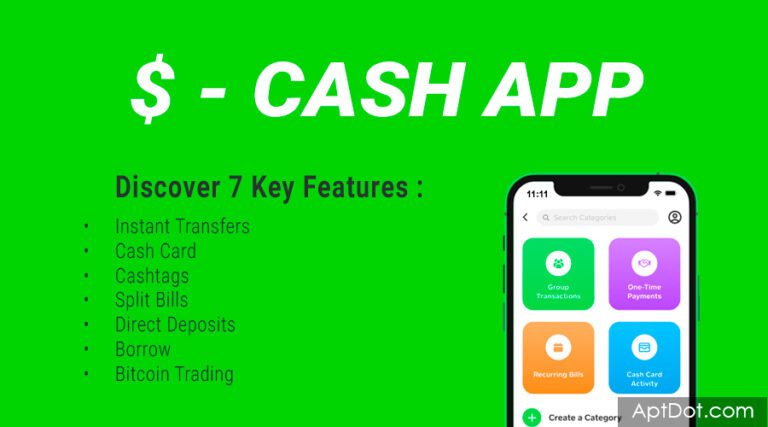 Cash App features with Instant Transfers, Borrow, Split Bills, and mobile interface options.